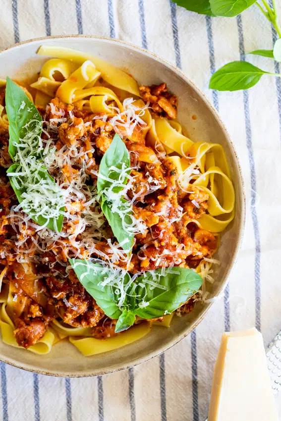 Bacon Chicken Bolognese with tagliatelle.
