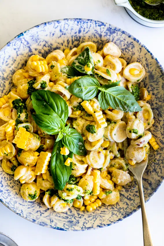 Creamy Lemon Corn Orecchiette with basil pesto
