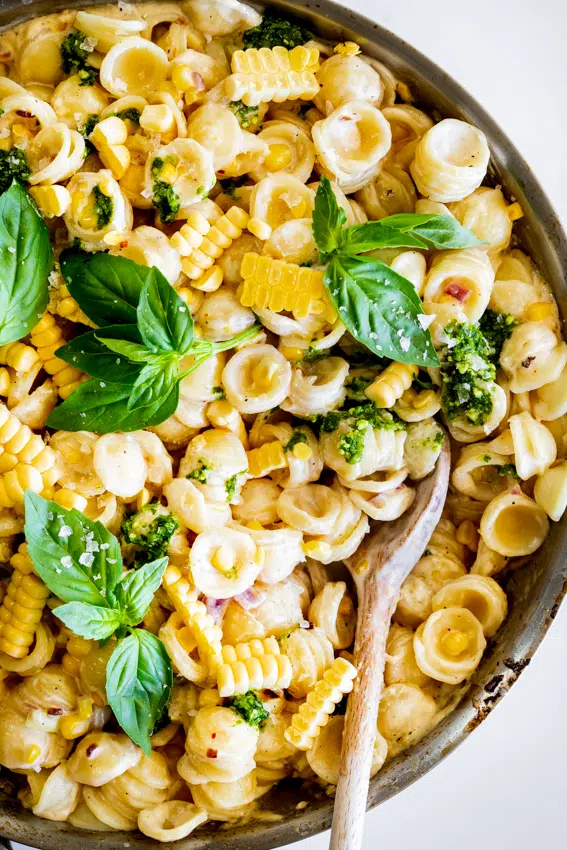 Creamy Lemon Corn Orecchiette with basil pesto