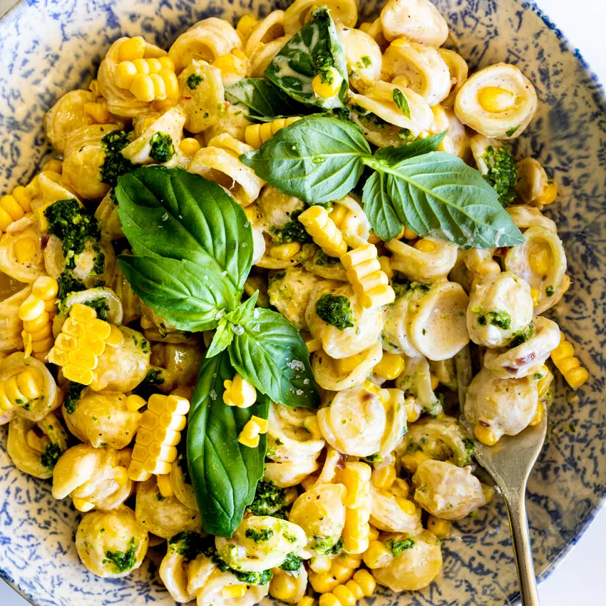 Creamy Lemon Corn Orecchiette with basil pesto