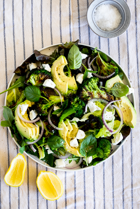 Grilled broccoli salad with avocado.