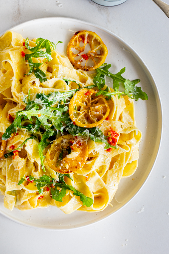 Lemon Parmesan pappardelle with arugula and chilli 