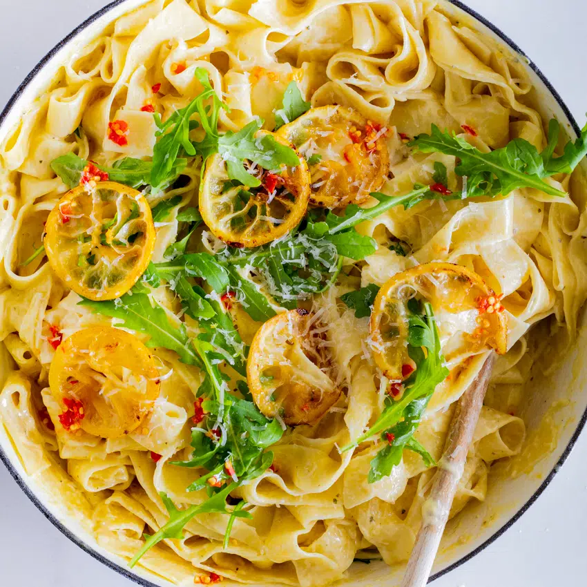 Lemon Parmesan pappardelle with arugula and chilli