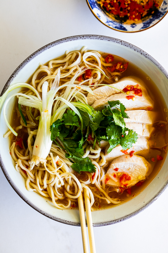 Spicy Miso Soup with Poached Chicken and Noodles