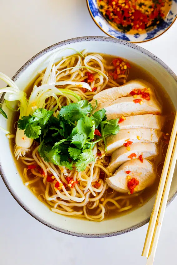 Spicy Miso Soup with Poached Chicken and Noodles