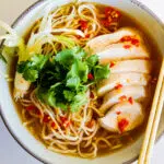 Spicy Miso Soup with Poached Chicken and Noodles
