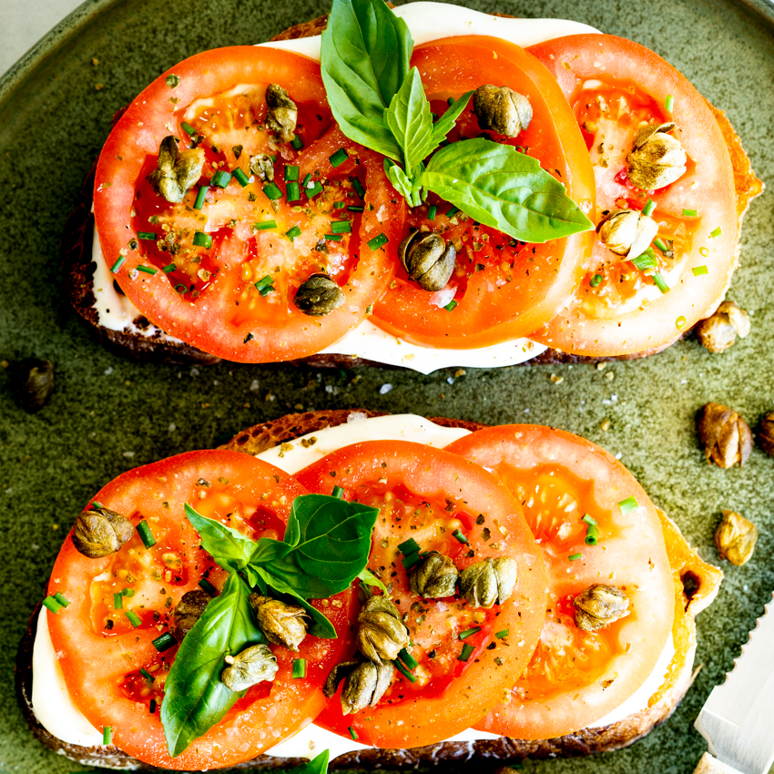 Easy Tomato Toast with Whipped Goat's Cheese - Simply Delicious
