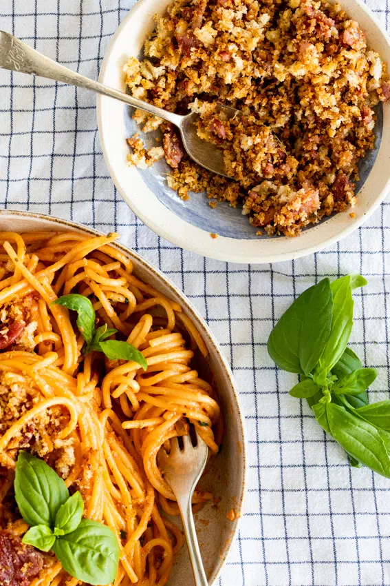 Creamy tomato pasta with bacon breadcrumbs