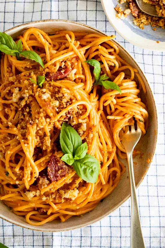 Creamy tomato pasta with bacon breadcrumbs