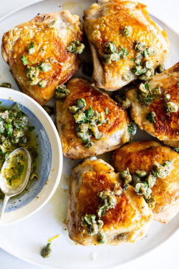 Crispy chicken thighs with caper sauce