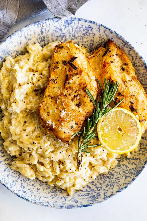 Creamy Cacio e Pepe Orzo with Rosemary Chicken