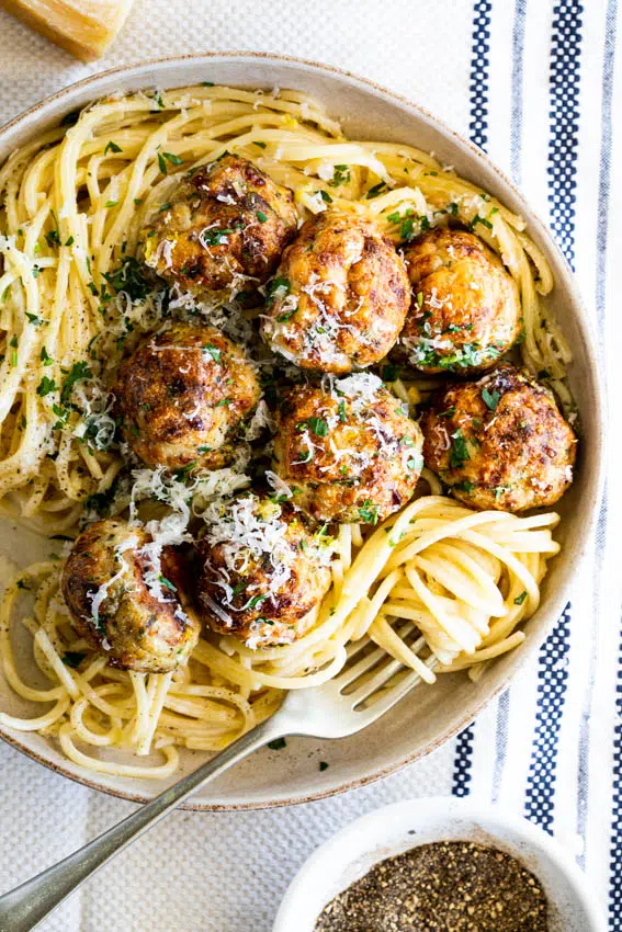 Spaghetti al limone with chicken meatballs