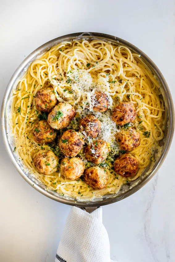 Spaghetti al limone with chicken meatballs