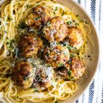 Spaghetti al limone with chicken meatballs