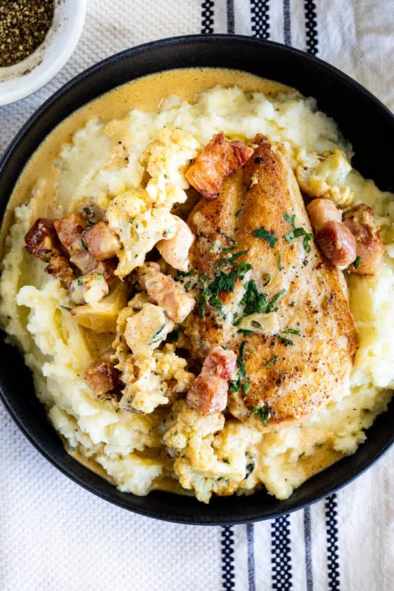 Creamy Cauliflower Chicken with creamy mashed potatoes.