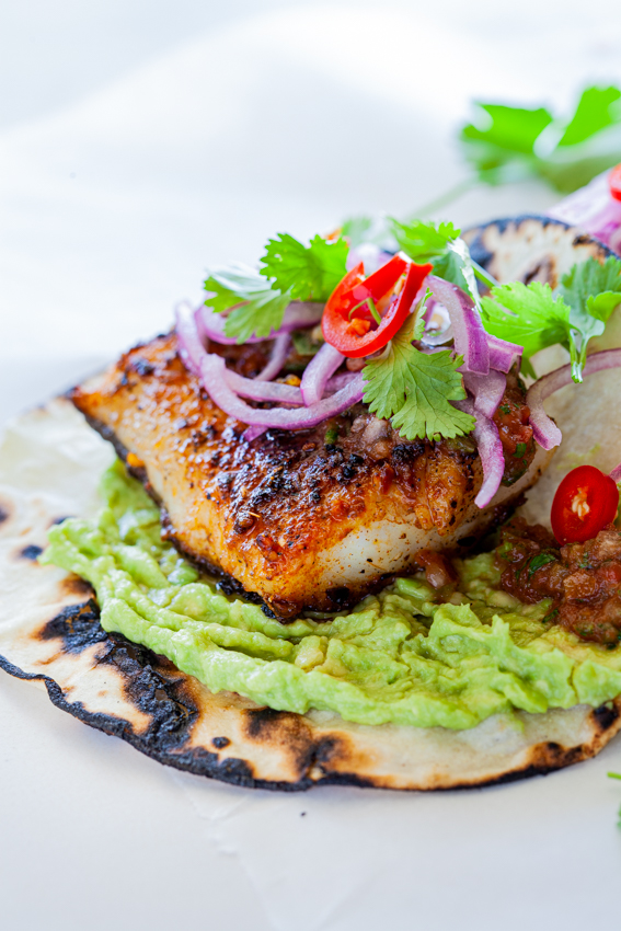 Pan seared fish tacos with smashed avocado 