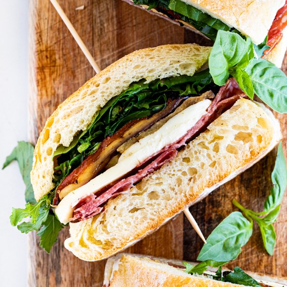 Salami, Mozzarella and Eggplant Ciabatta Sandwich - Simply Delicious