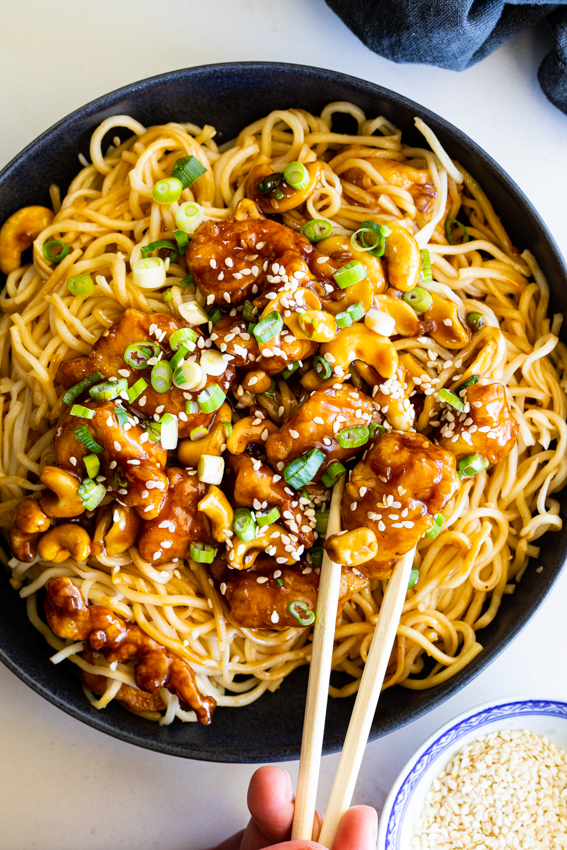 Easy Sticky Cashew Chicken with noodles
