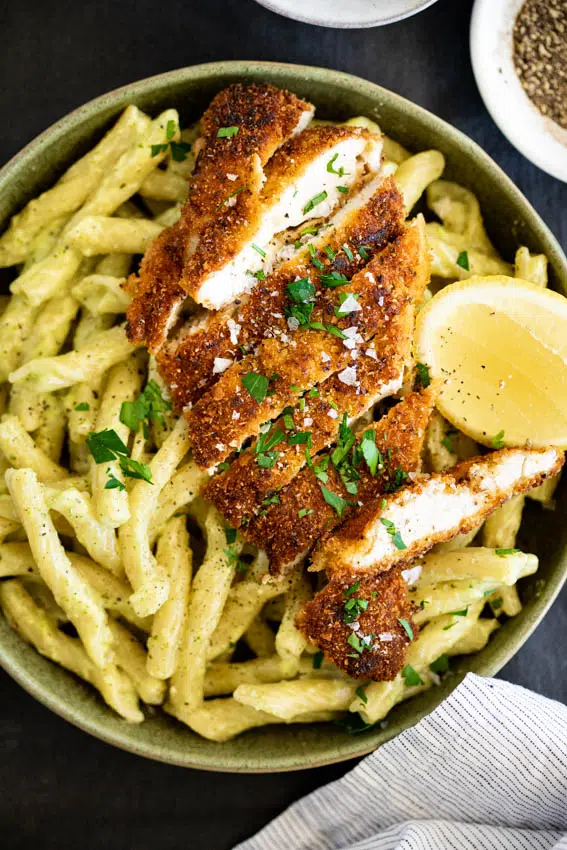 Crispy chicken basil pasta