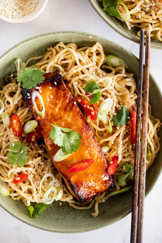Miso Salmon with Garlic Noodles
