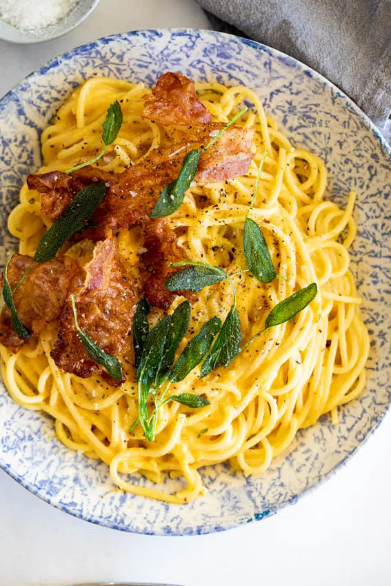 Creamy pumpkin pasta with pancetta and sage