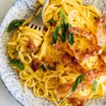 Creamy pumpkin pasta with pancetta and sage