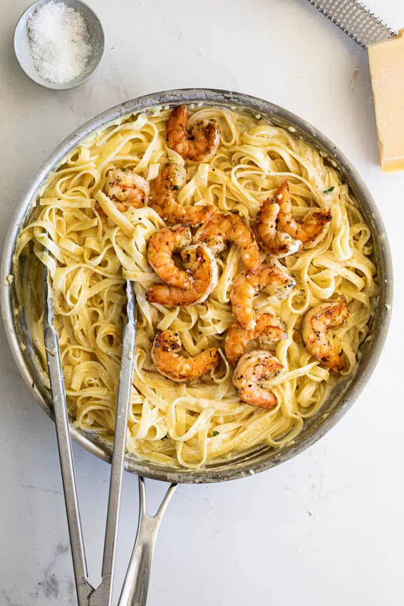 Easy Shrimp Alfredo with fettucine.
