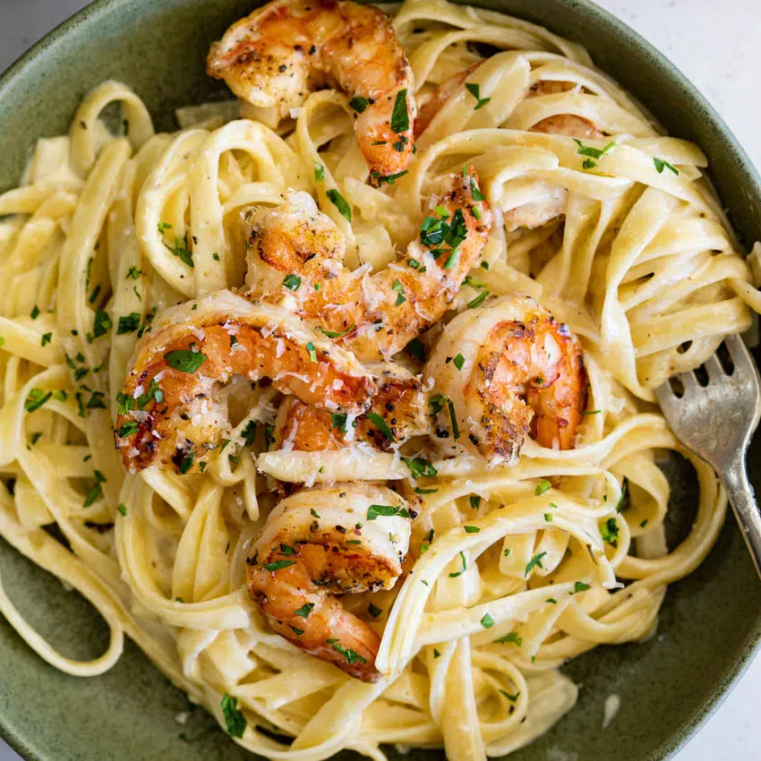 Easy Shrimp Alfredo with fettucine.