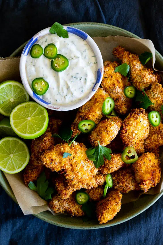 Air Fryer Popcorn Chicken with Jalapeño Ranch