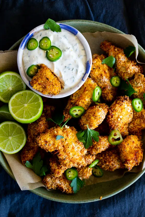 Air Fryer Popcorn Chicken with Jalapeño Ranch