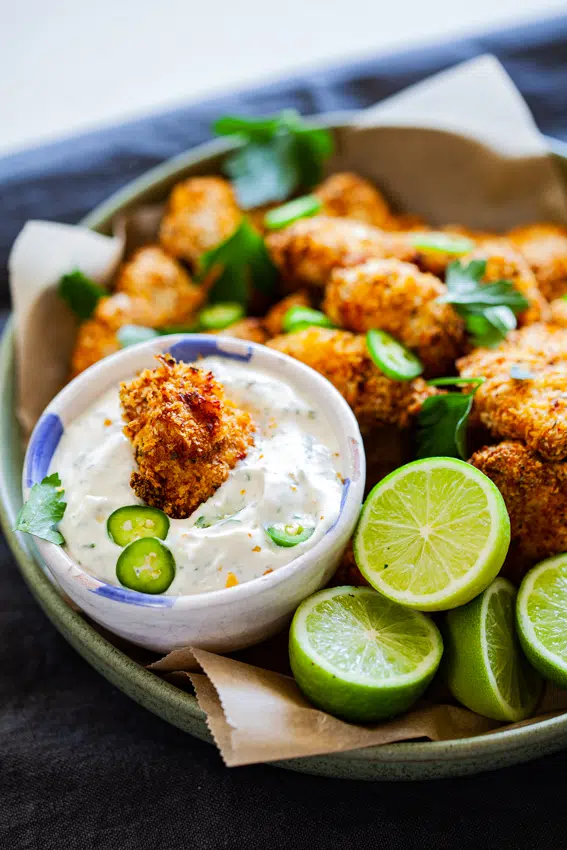 Air Fryer Popcorn Chicken with Jalapeño Ranch