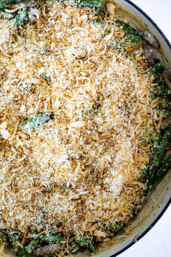 Fresh Green Bean Casserole topped with crispy panko breadcrumbs.