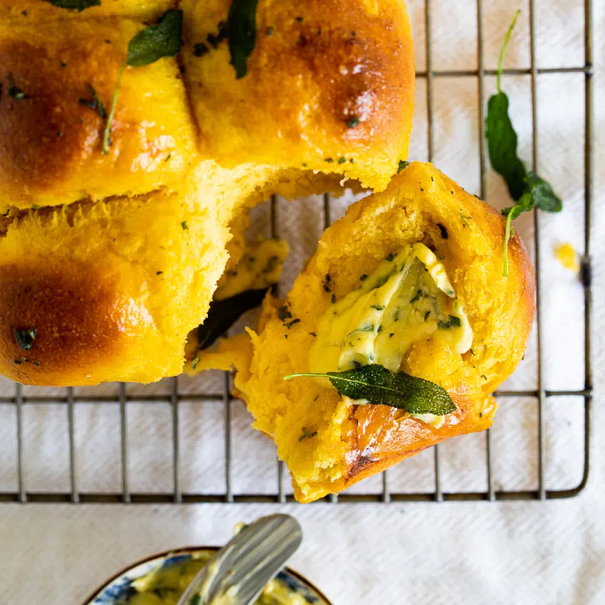 Soft Pumpkin Dinner Rolls with Sage Butter
