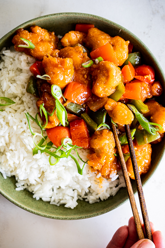 Sweet and sour chicken with rice.