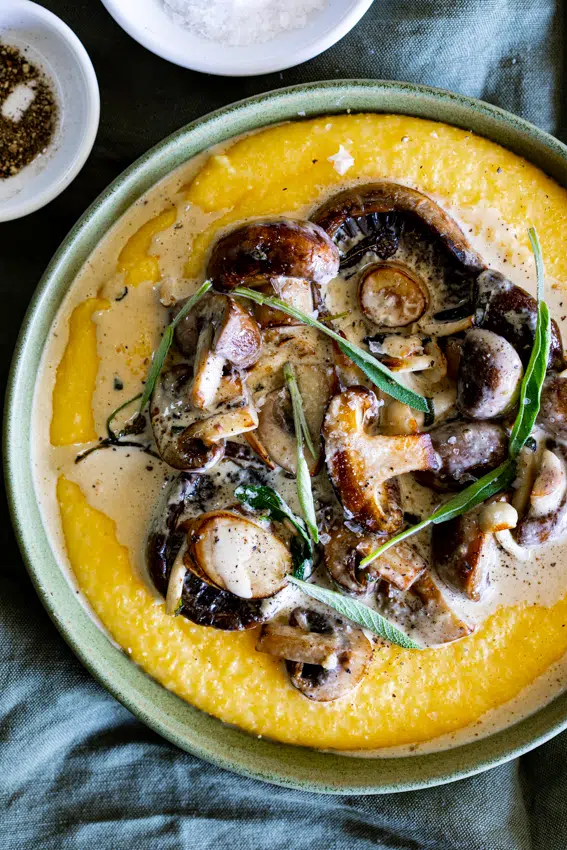 Creamy polenta with garlic sage mushrooms