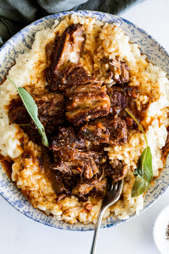 Red wine braised short ribs with creamy risotto.