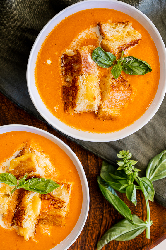 Roasted tomato soup with grilled cheese croutons 
