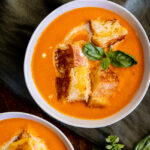 Roasted tomato soup with grilled cheese croutons