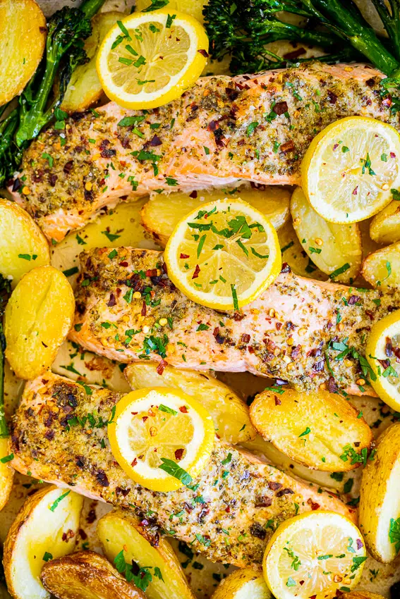 Lemon Garlic Sheet Pan Salmon with broccolini and potatoes