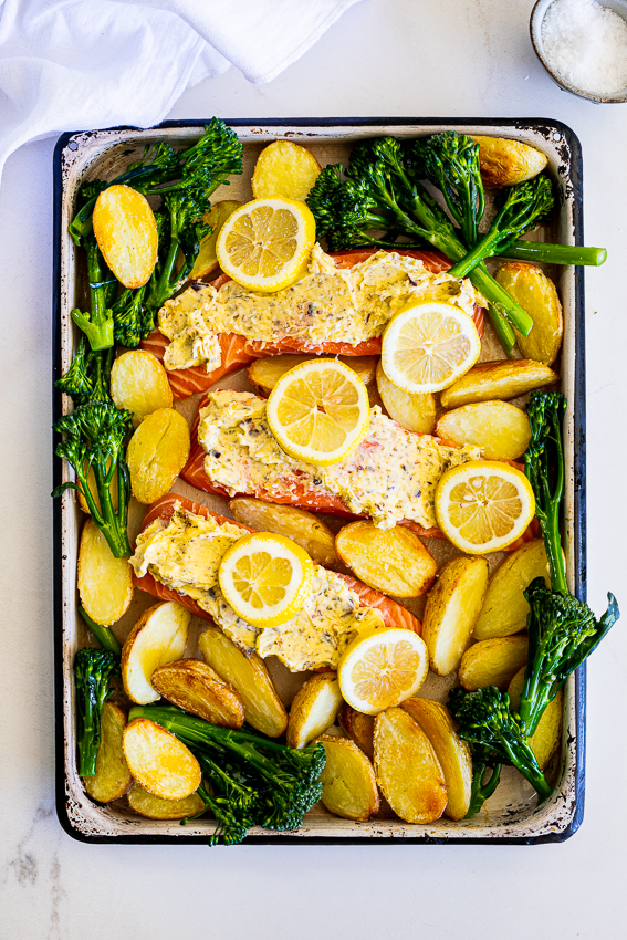 Lemon Garlic Sheet Pan Salmon with broccolini and potatoes
