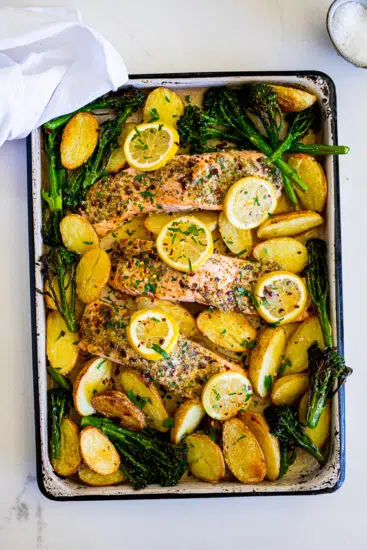 Lemon Garlic Sheet Pan Salmon with broccolini and potatoes