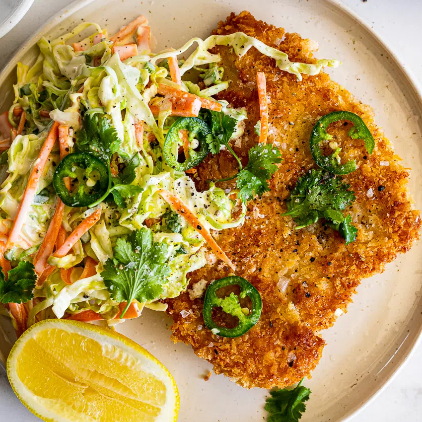 Crunchy Chicken Schnitzel with Jalapeño Slaw