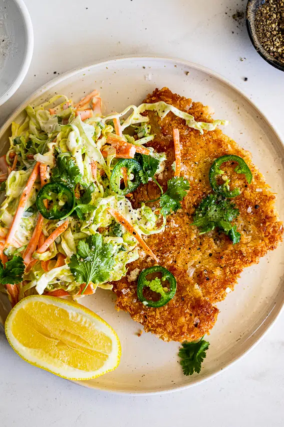 Crunchy Chicken Schnitzel with Jalapeño Slaw