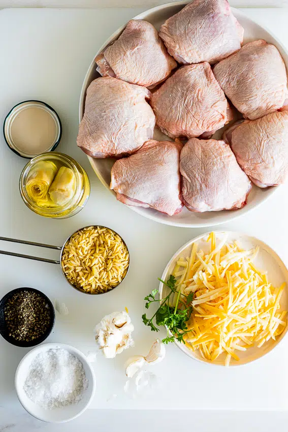 Ingredients for One Pan Creamy Artichoke Orzo with Chicken