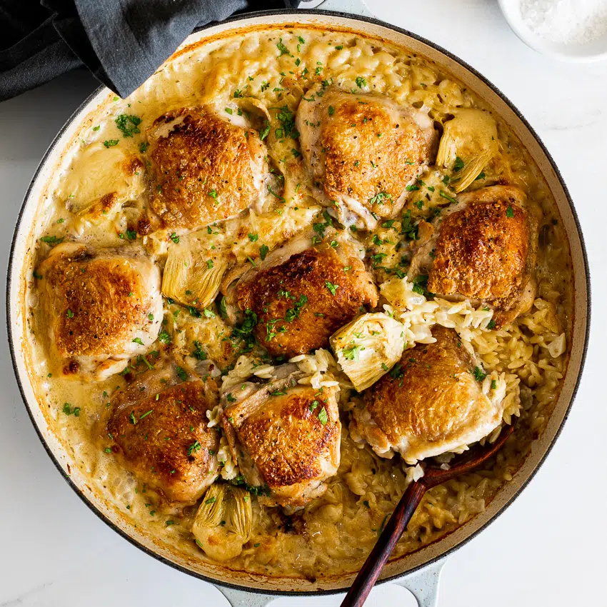 One Pan Creamy Artichoke Orzo with Chicken