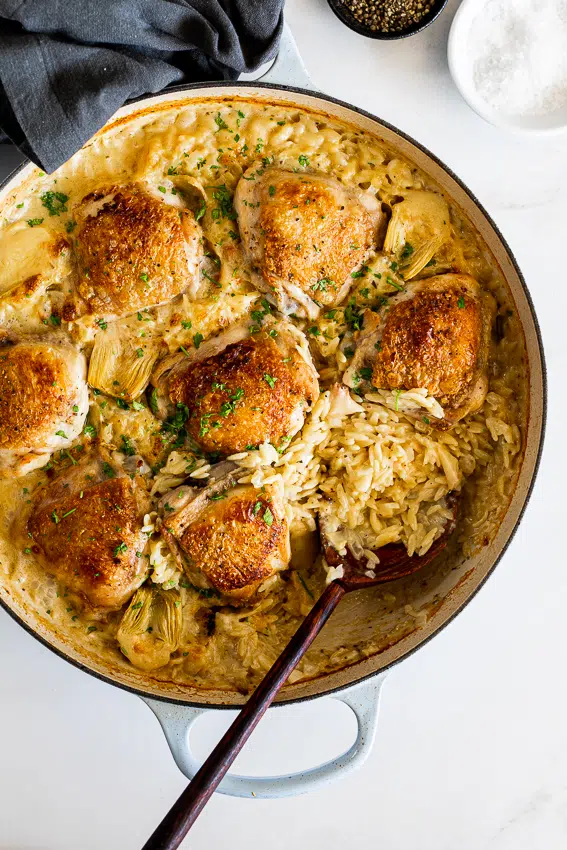 One Pan Creamy Artichoke Orzo with Chicken