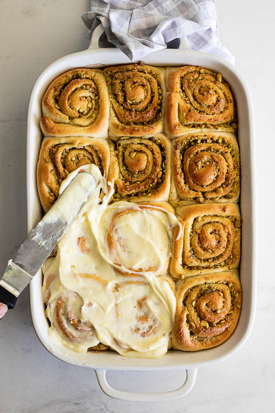 Pistachio Lemon Sticky Buns with cream cheese frosting