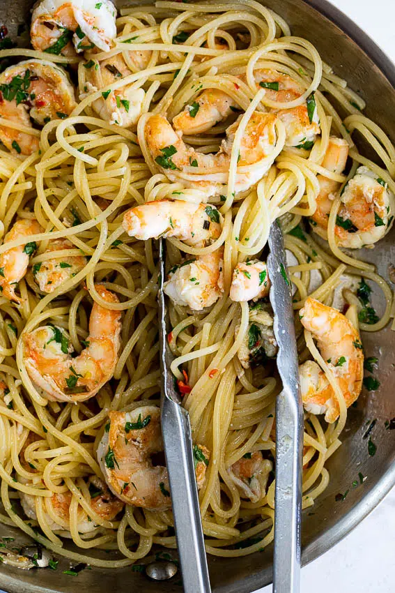 Easy Lemon Shrimp Spaghetti with fresh chillies and parsley