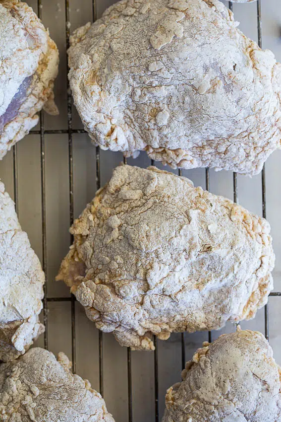 Buttermilk brined chicken coated in seasoned flour.