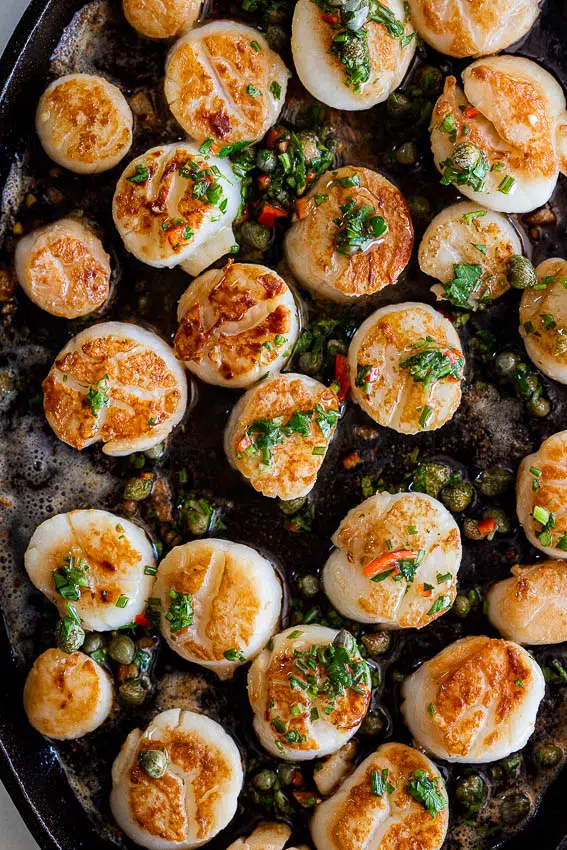 Seared scallops with caper dressing